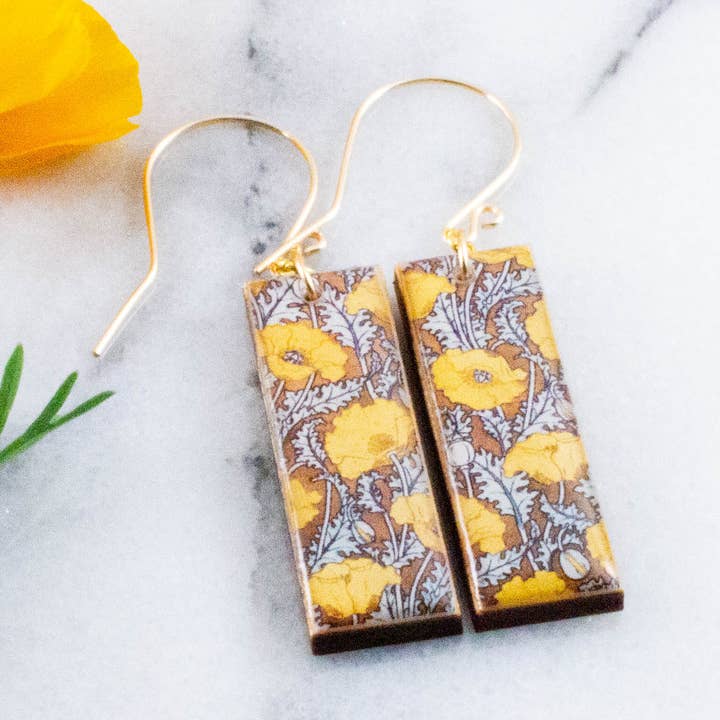 William Morris Yellow Poppies Rectangle Earrings for wholesale by No Man's Land