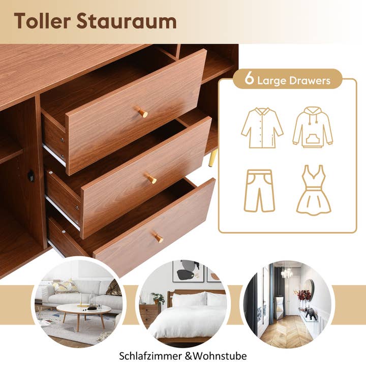 Urban Meuble - Wholesale Cabinet - Walnut wood effect sideboard with 2 doors and 3 rattan drawers, golden legs and handles 150*90*40cm URNO12