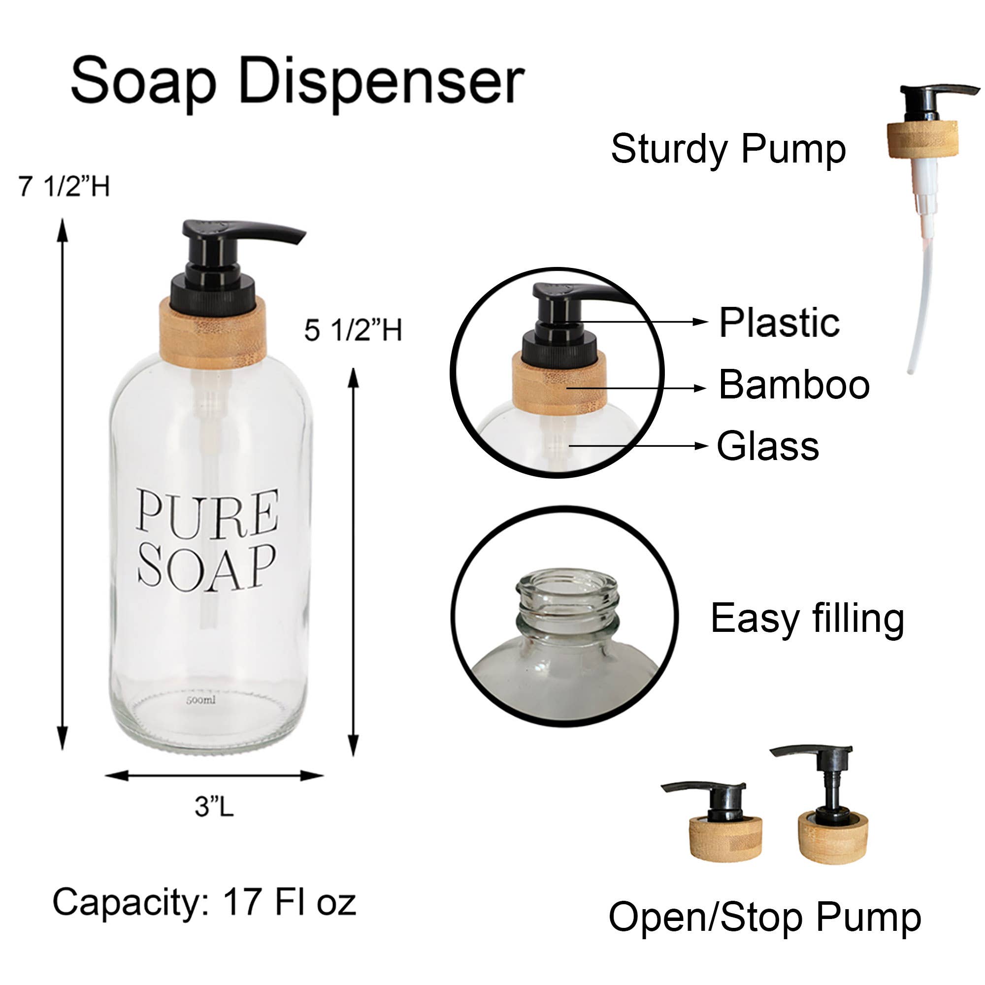 Evideco French Home Goods - Wholesale Soap Dispenser - Glass and Bamboo Soap Dispenser 17 oz oy 34 oz PURE SOAP5