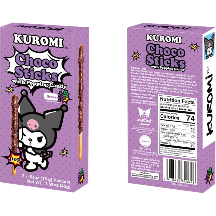 Sanrio Kuromi Choco Sticks with Grape Popping Candy for wholesale by Cow Crack Wholesale