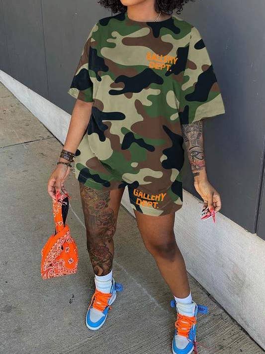 Flarix - Wholesale Lounge Set - Women's - camou graphic tee and shorts set