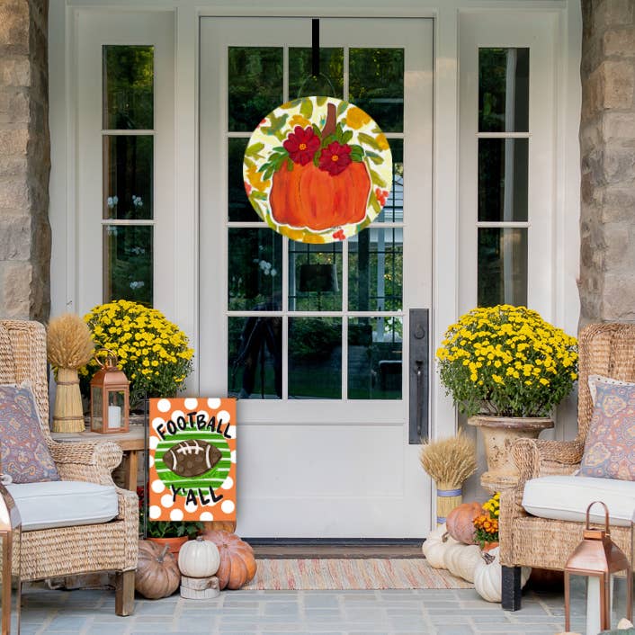 Pumpkin with Fall Flowers Door Hanger for wholesale by Baxter & Me