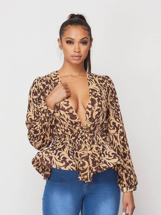 Haut plissé à ourlet évasé à imprimé baroque pour la vente par The Steven Wick Company