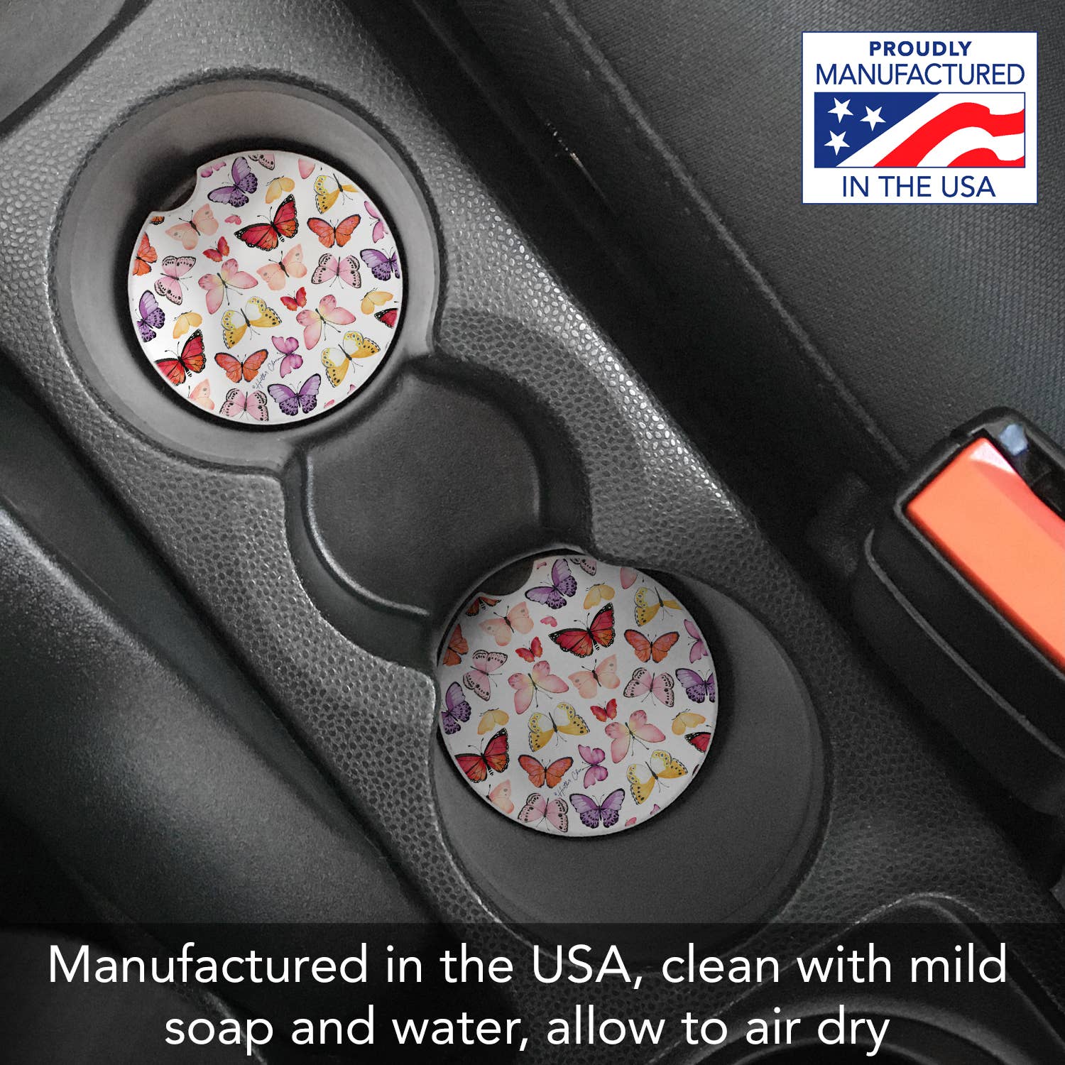 CounterArt/Highland Home/Thirstystone - Wholesale Car Coaster - Women's - "Watercolor Butterflies" Absorbent Stone Car Coaster 1pk6