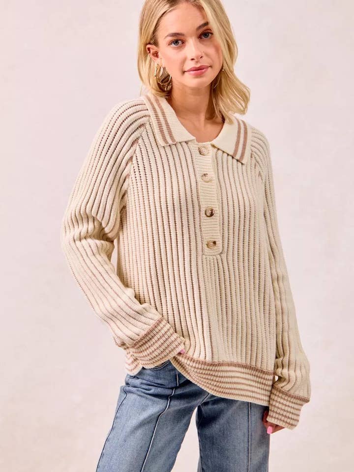 BiBi Half Button Ribbed Two Tone Sweater for wholesale by Garden Naked