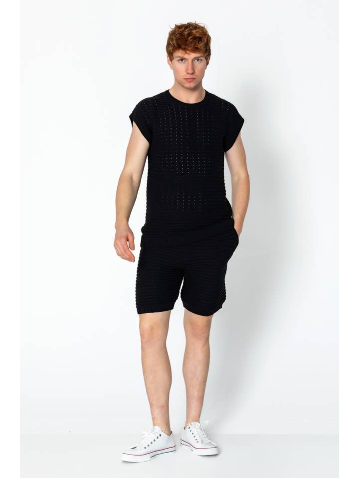 Men's Eyelet Short Sleeve Knit Top And Shorts Set - Black for wholesale on Faire
