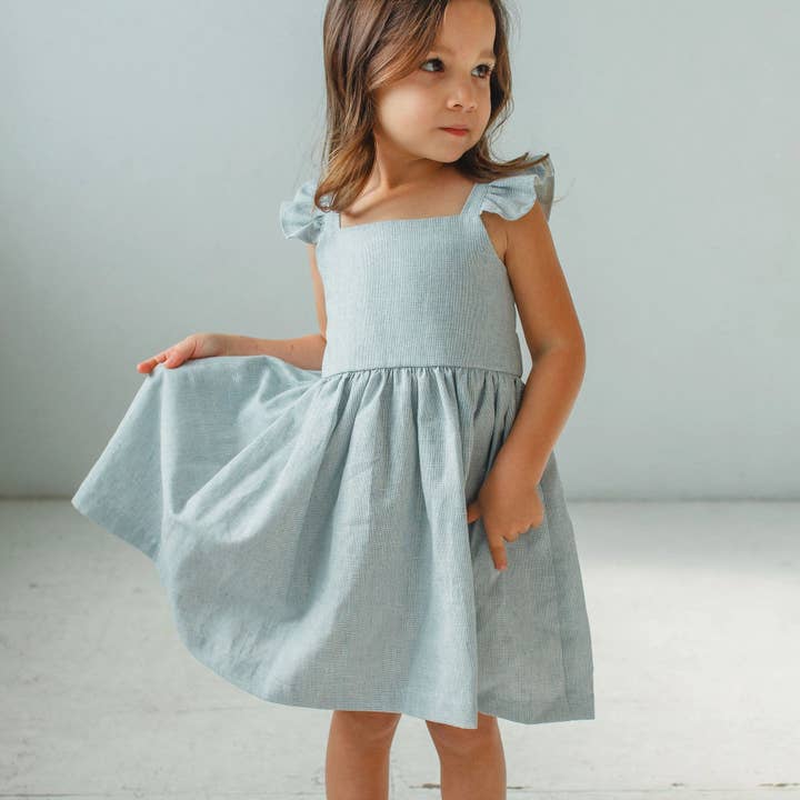 Girl's Light Blue Flutter Sleeve Linen Dress for wholesale by cuteheads