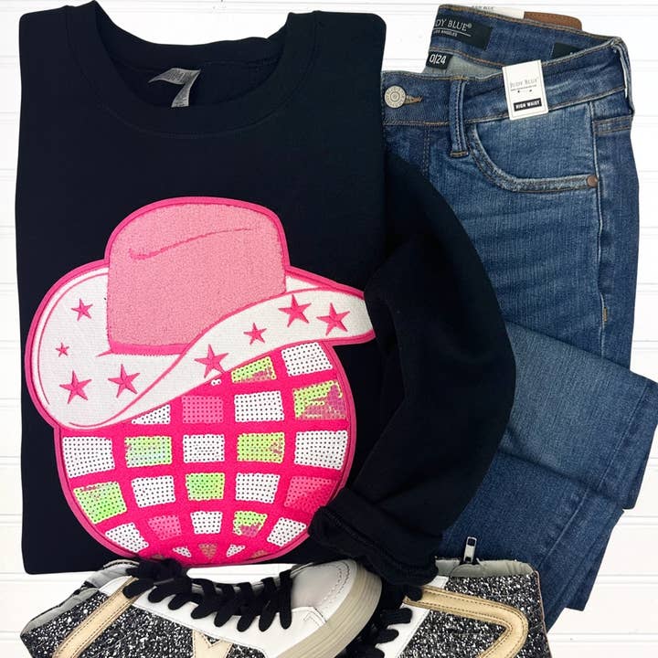 Cowboy Disco-sweatshirt met pailletten en patch voor wholesale door Nikkilynn Wholesale