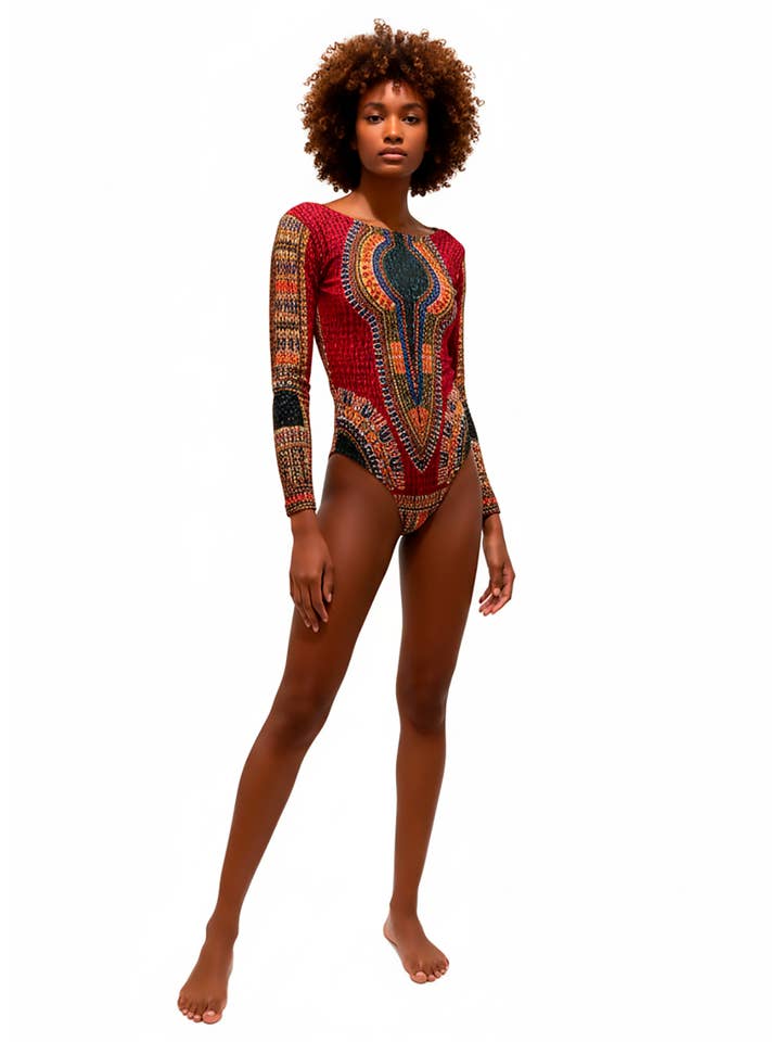 SUESES - Wholesale Bodysuit - Women's - Stretch fabric bodysuit with Dashiki Wine print.2