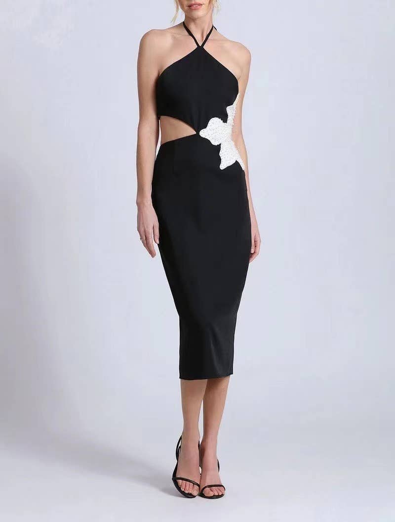 Noir Robe mi-longue à dos nu à motif floral DR298 en vente sur Faire0