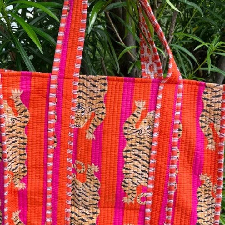 bhavnas boutique - Wholesale Luggage Tag - Tiger block Print Tote Bag Indian Handmade Cotton Shopping