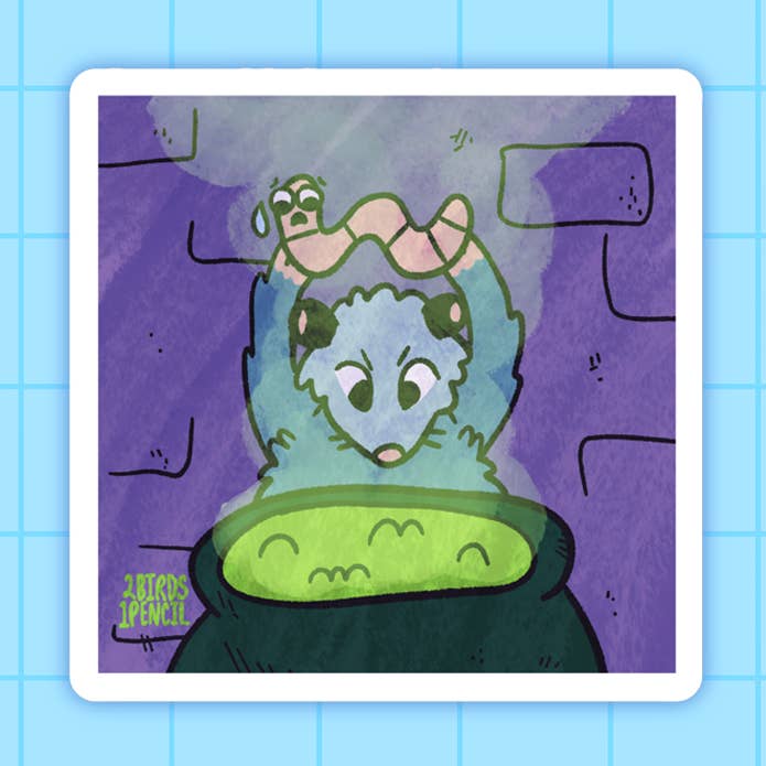 Witch Possum Mini Vinyl Sticker for wholesale by 2Birds1Pencil Illustrations