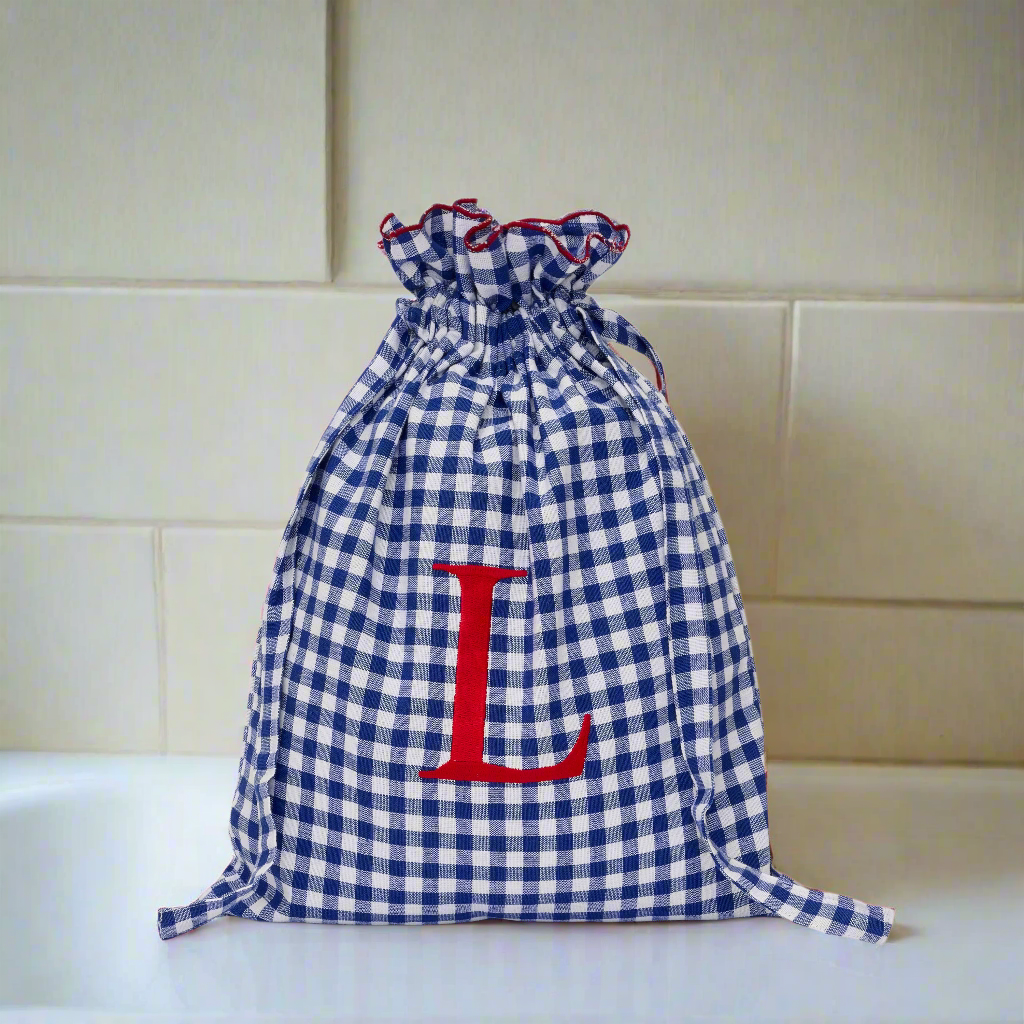 Bridie & Bert - Wholesale Drawstring bag – Unisex - Gingham Drawstring Smalls Bag | Blue1