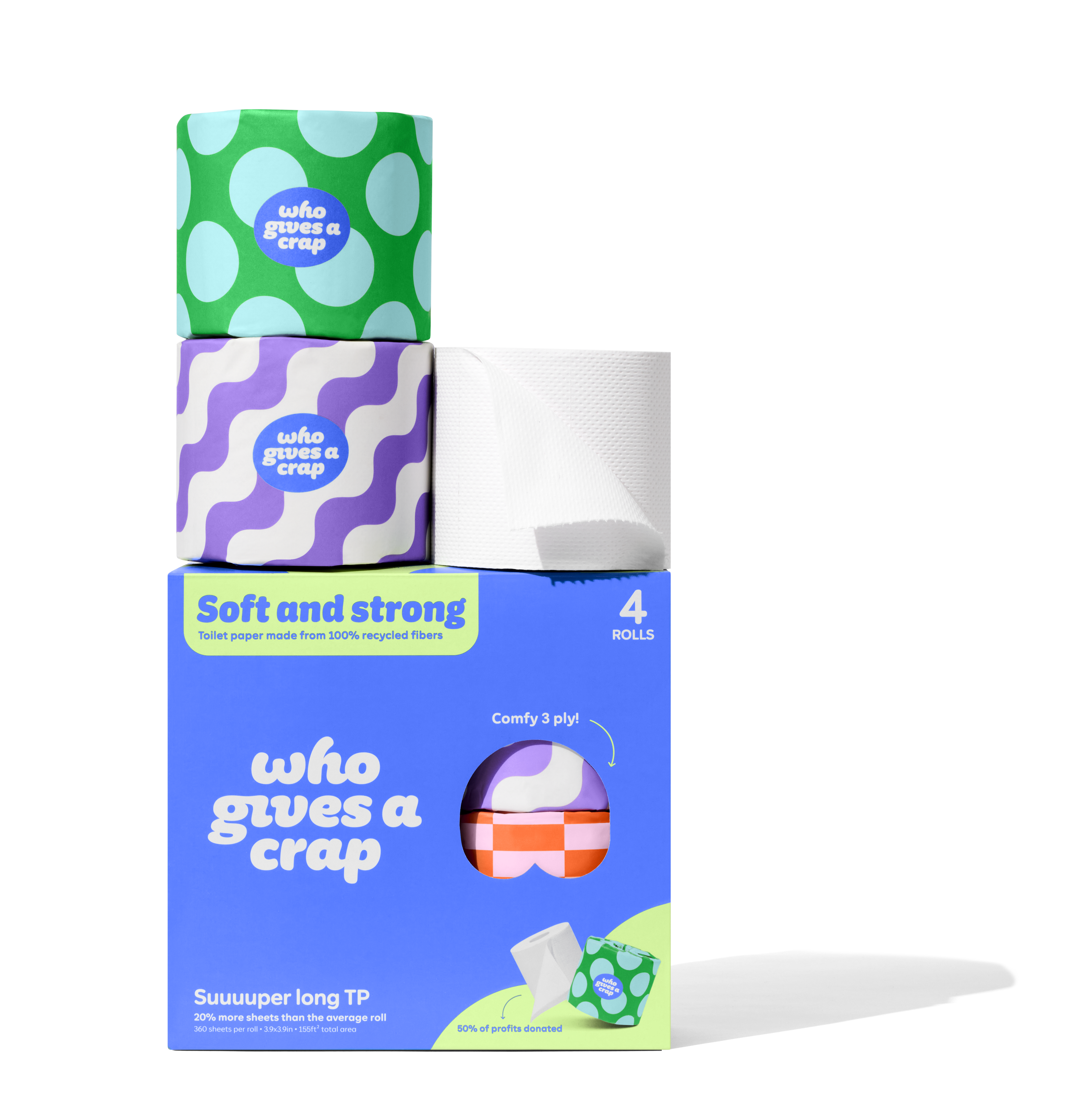 Who Gives a Crap - Vente Papier toilette - Papier hygiénique 100 % recyclé - Paquet de 4 pour la vente au détail (6/caisse)1