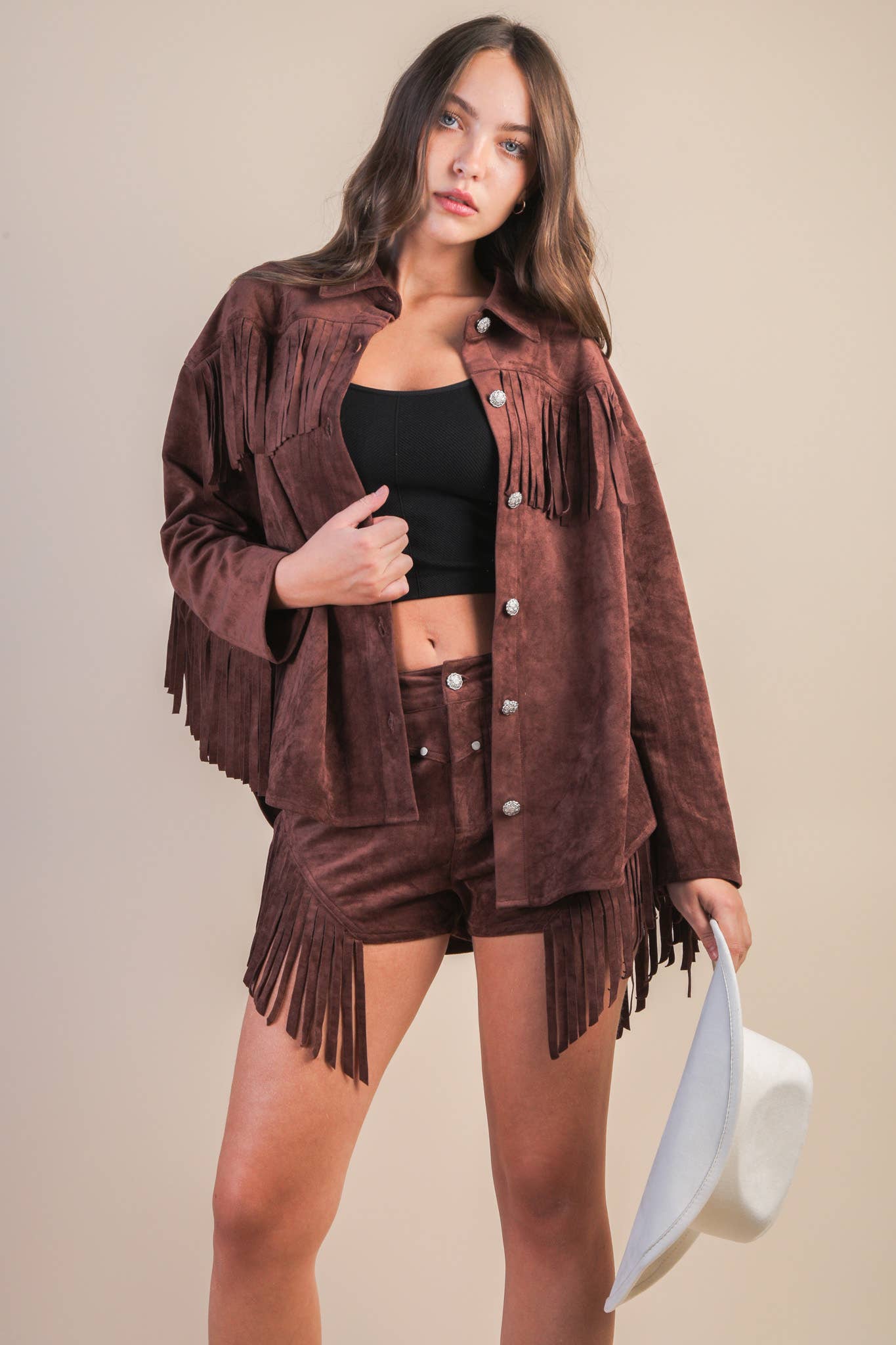 VERY J - Wholesale Jacket - Women's - NJ90387-Suede Fring Detail Western Jacket Shacket12