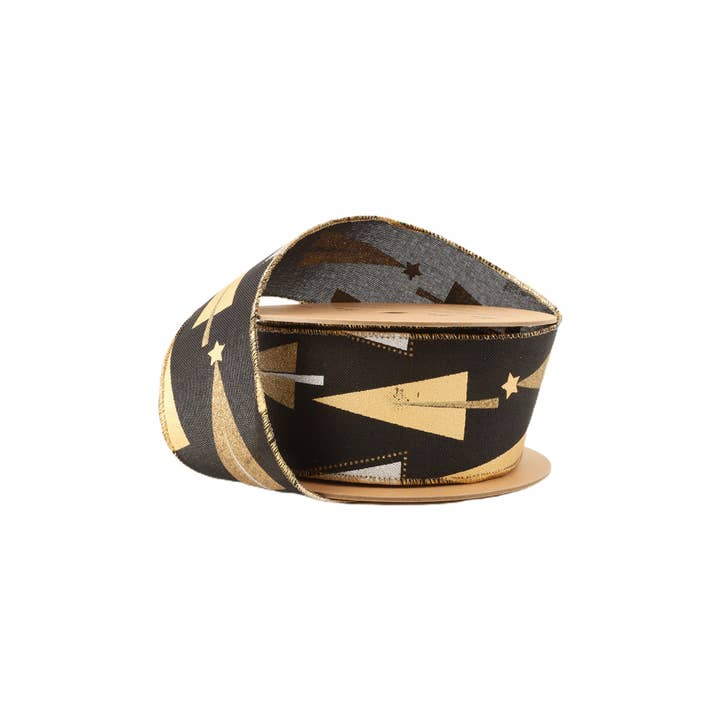 LA Ribbons Wholesale - Wholesale Ribbon - Gift Wrapping - Faux Linen Wired Ribbon Black Gold Silver Stamping 10yd