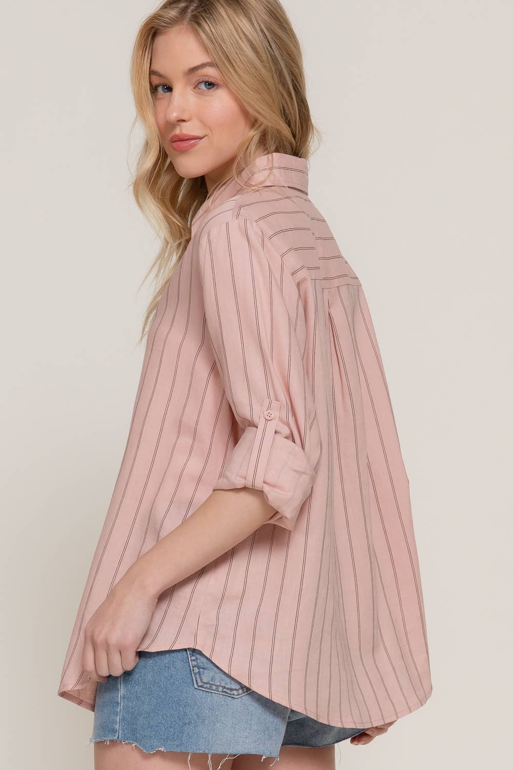 Active Basic | Active USA - Wholesale Button Down Shirt - Women's - Long Sleeve Button Down Stripe Linen Oversized Shirt10
