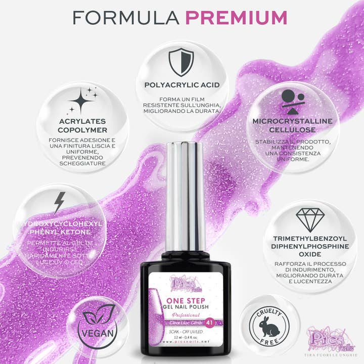 Pics Nails - Vente Vernis à ongles - Vernis à ongles semi-permanent One Clear Lilac Glitter 41, 12 ml | Vernis à ongles semi-permanent 3 en 1 UV/LED ultra brillant3