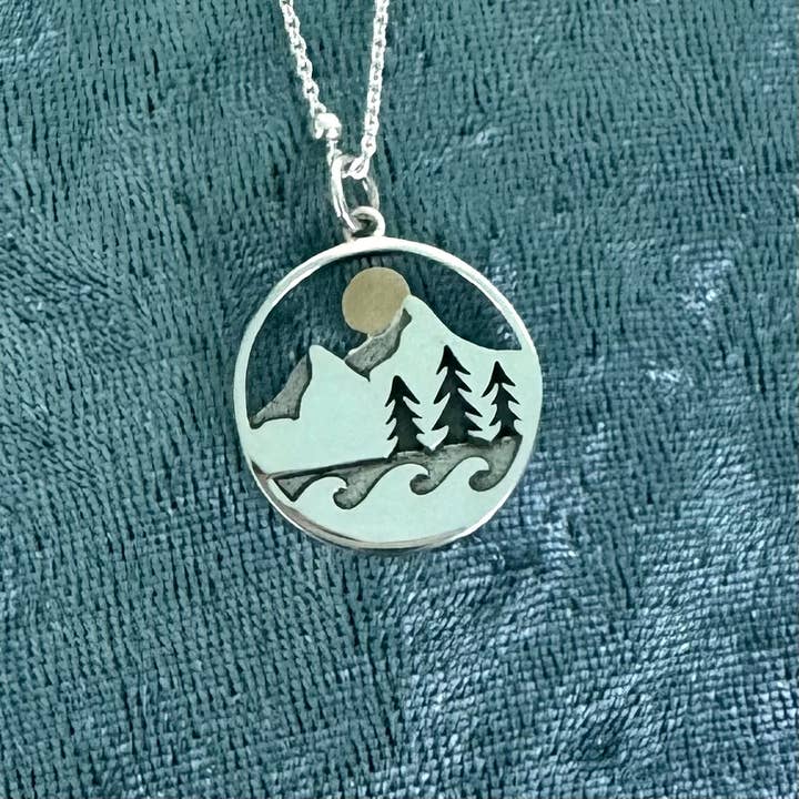 sterling silver mountain trees wave bronze moon necklace for wholesale by Elizabeth Jewelry