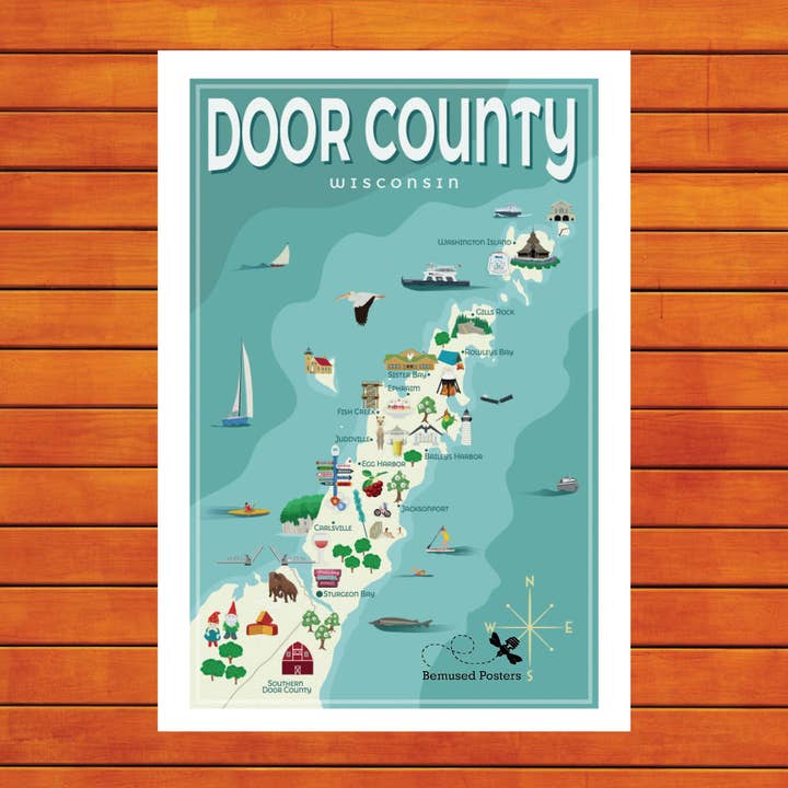 Door County Map Retro Travel Poster Prints for wholesale by Bemused Creative