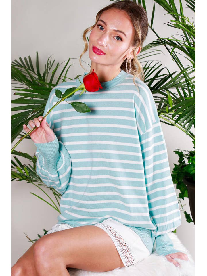 Vine & Love - Wholesale Knit Sweater - Women's - Striped Long Balloon Sleeve Knitted Sweater Top VT60387D10