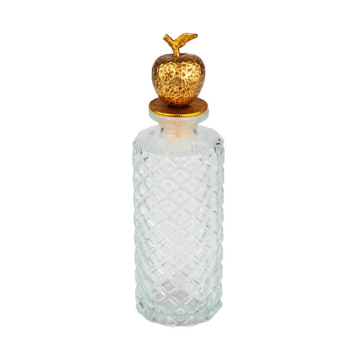 A01043: Glass bottle, brass gold apple -shaped stopper,7in for wholesale by Silver Tree Home & Holiday