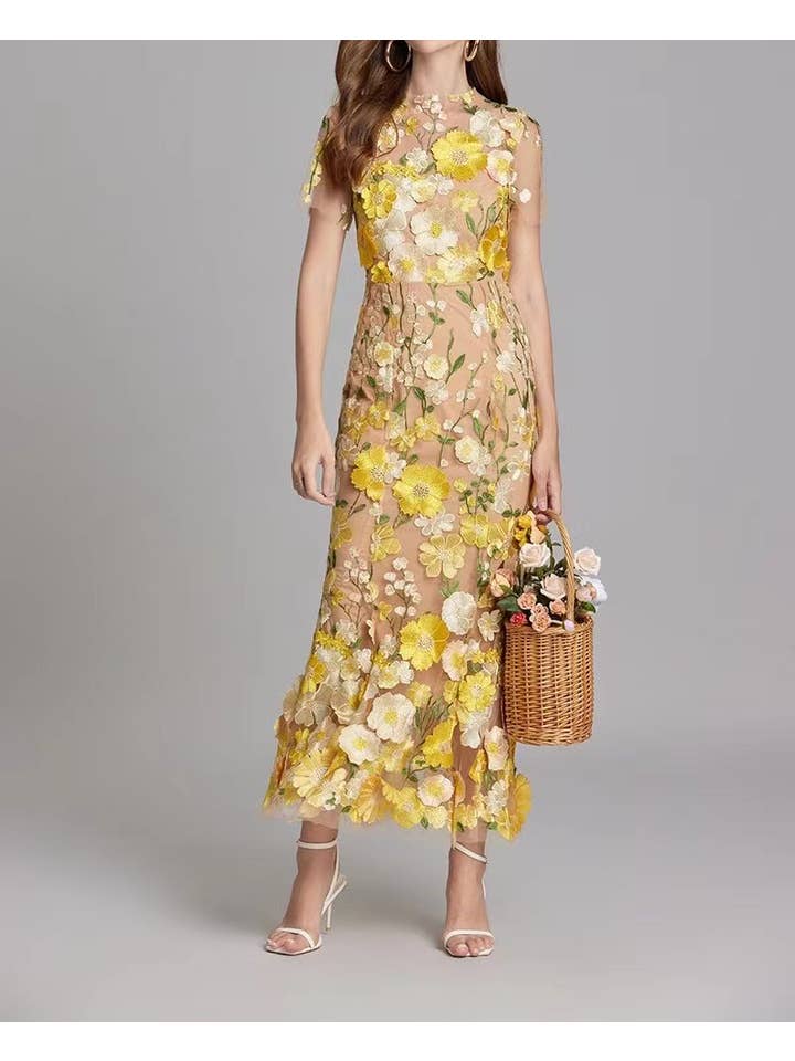 Productseeker - Wholesale Formele jurk - Dames - DR0270Y elegante avondjurk met bloemen in mesh en visstaart