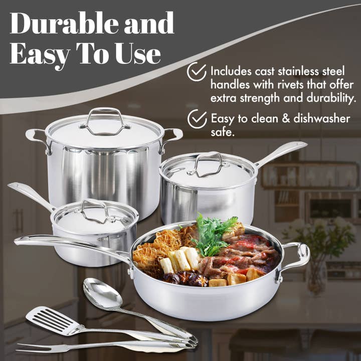Nevlers - Wholesale Cookware Set - Stainless Steel Pots and Pans - 10pc Cookware Set & Utensils
