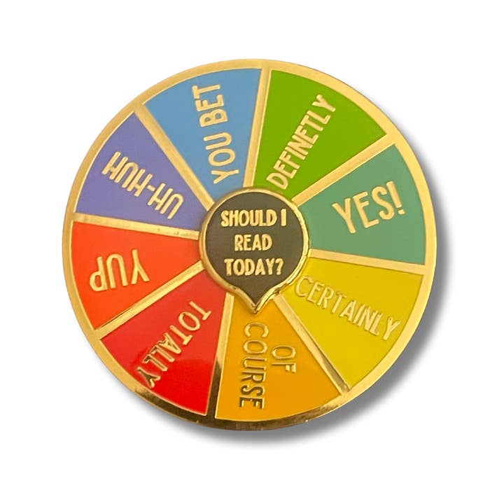 Should I Read Today? Spinning Pin for wholesale by The Librarian’s Candle Co