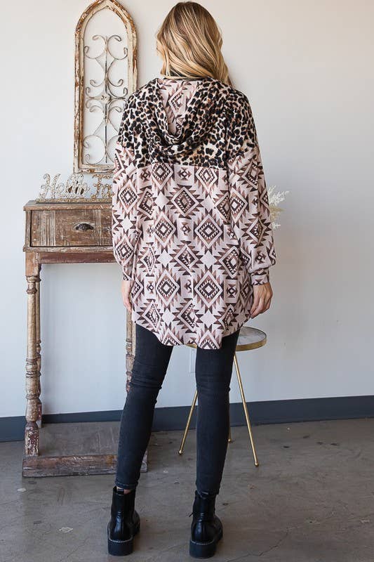 BROWN TAUPE EJ6720-15 AZTEC AND ANIMAL LEOPARD BUTTON DOWN SHACKET for wholesale on Faire6