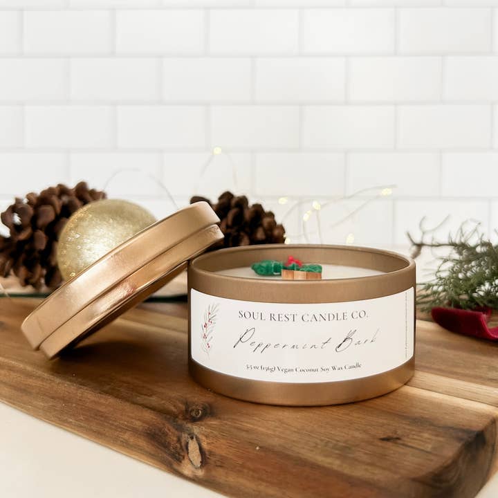 Soul Rest Candle Co. - Wholesale Travel Candles - Peppermint Bark 5.5oz Tin Candle