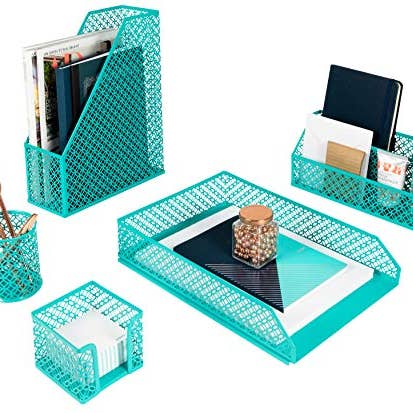 Blu Monaco - Wholesale Desk Organizer - Blu Monaco 5 Piece Dark Teal Desk Organizer Set - Desk Organizers and Accessories for Women - Teal Desk Accessories - Desktop Organization