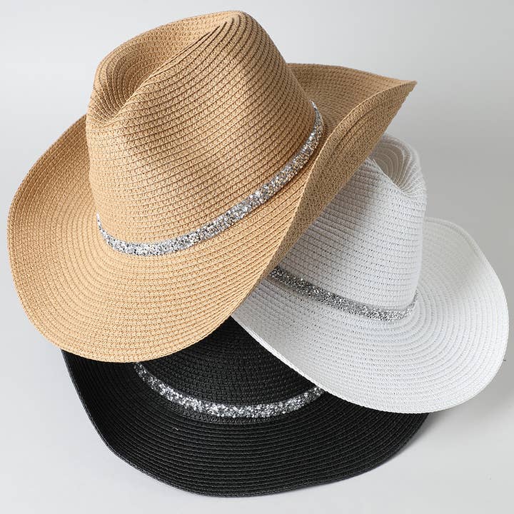 Fashion City - Wholesale Cowboy Hat - Women's - Rhinestone Band Straw Panama Cowboy Hat