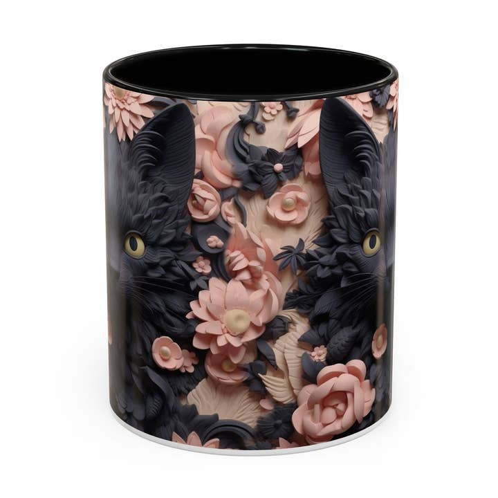 Black Cat & Pink Roses Accent Coffee Mug 11/15oz Floral Cat Art for wholesale by Le Paperie Co