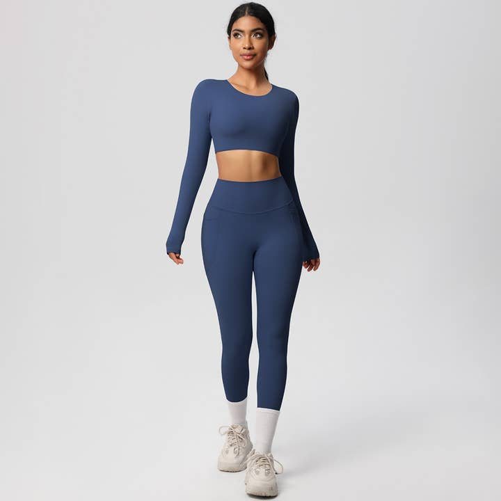 Sodalemon - Wholesale Activewear Set - Women's - Women High-Waist Yoga Set:Cropped Long Sleeve Top + Leggings8