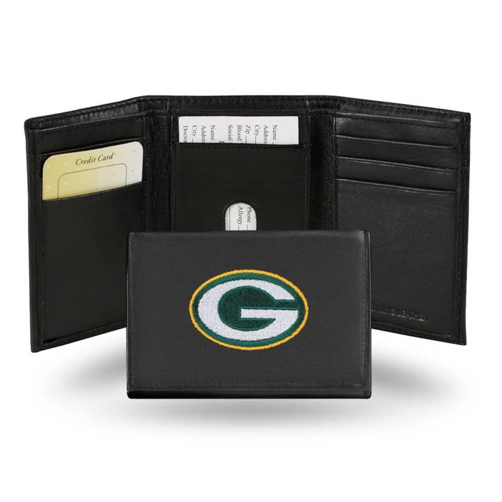 GREEN BAY PACKERS BLACK EMBROIDERED LEATHER TRI-FOLD WALLET for wholesale by Good Tymes Enterprises Inc