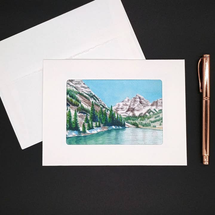 Kathryn Paul Fine Art - Wholesale Everyday Greeting Card - Colorado mountain watercolor; Maroon Bells in winter card1
