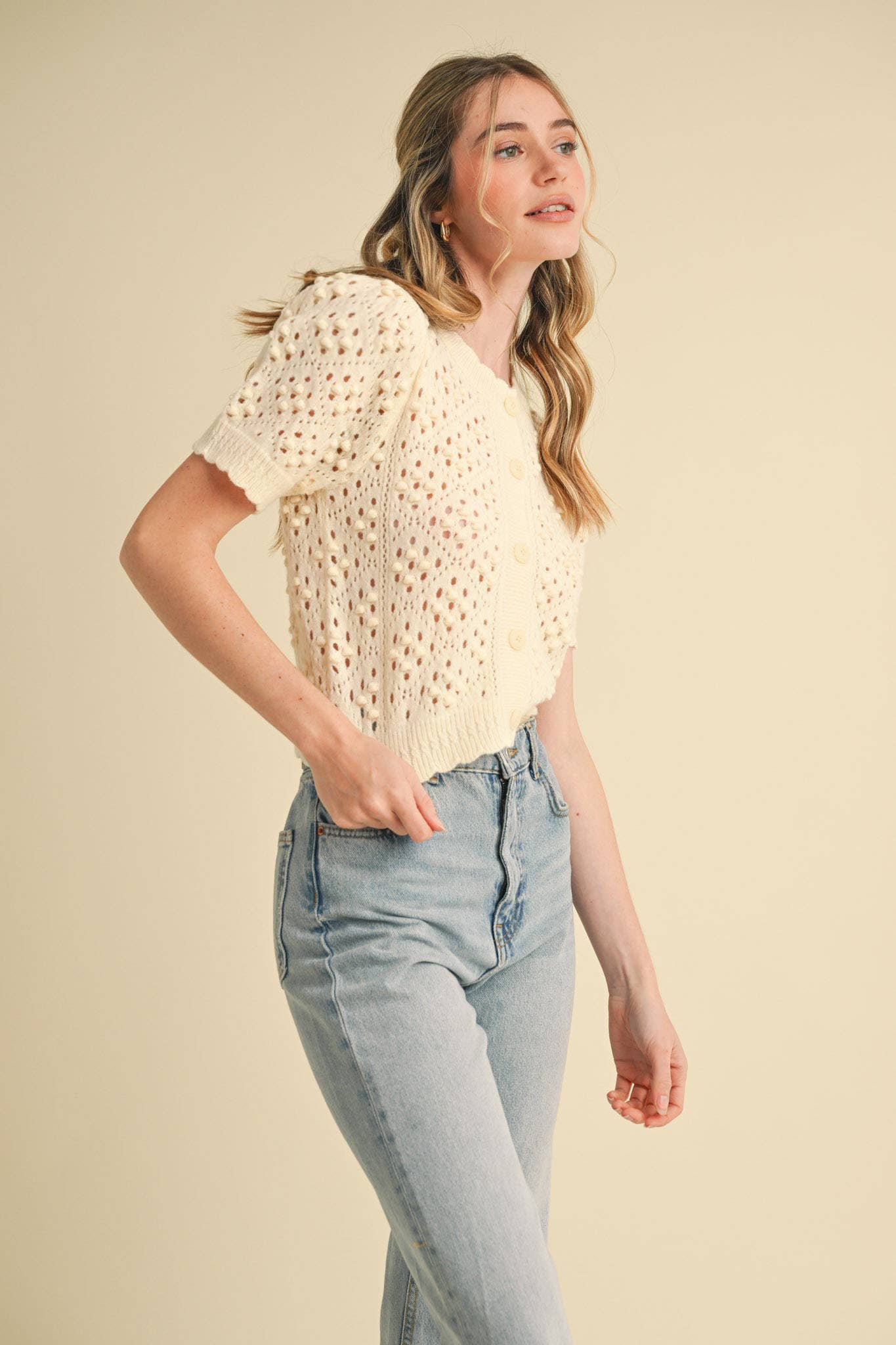 &MERCI - Wholesale Cardigan - Women's - CROPPED POINTELLE BUTTON DOWN SWEATER CARDIGAN MSW1085711