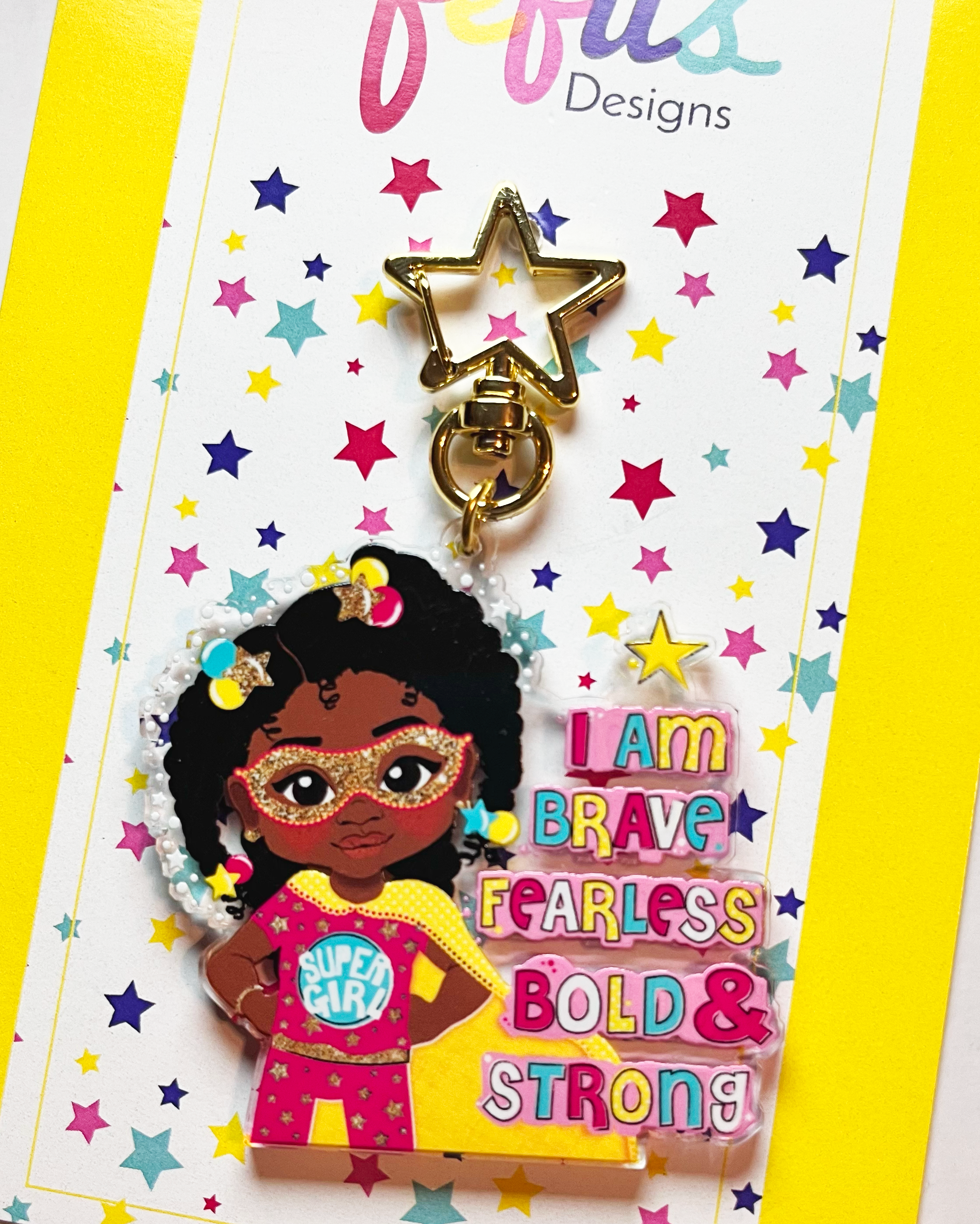 Fefus Designs - Wholesale Keychain - Kids - Black Girl Superhero Keyring – Empowering Recycled Acrylic Bag Charm for Kids | Afro Girl Keychain by Fefus Designs4