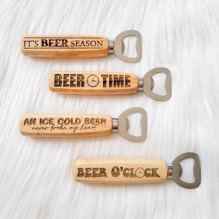 Engraved Wooden Handle Bottle Openers for wholesale by The Purple Chickadee