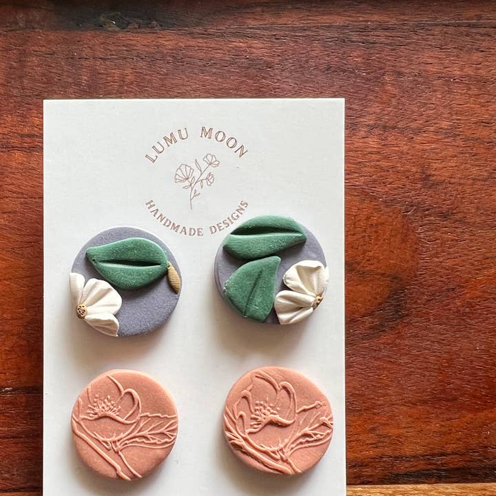 Purple & Beige Floral Stud Pack - 2 pack for wholesale by Lumu Moon Handmade Designs