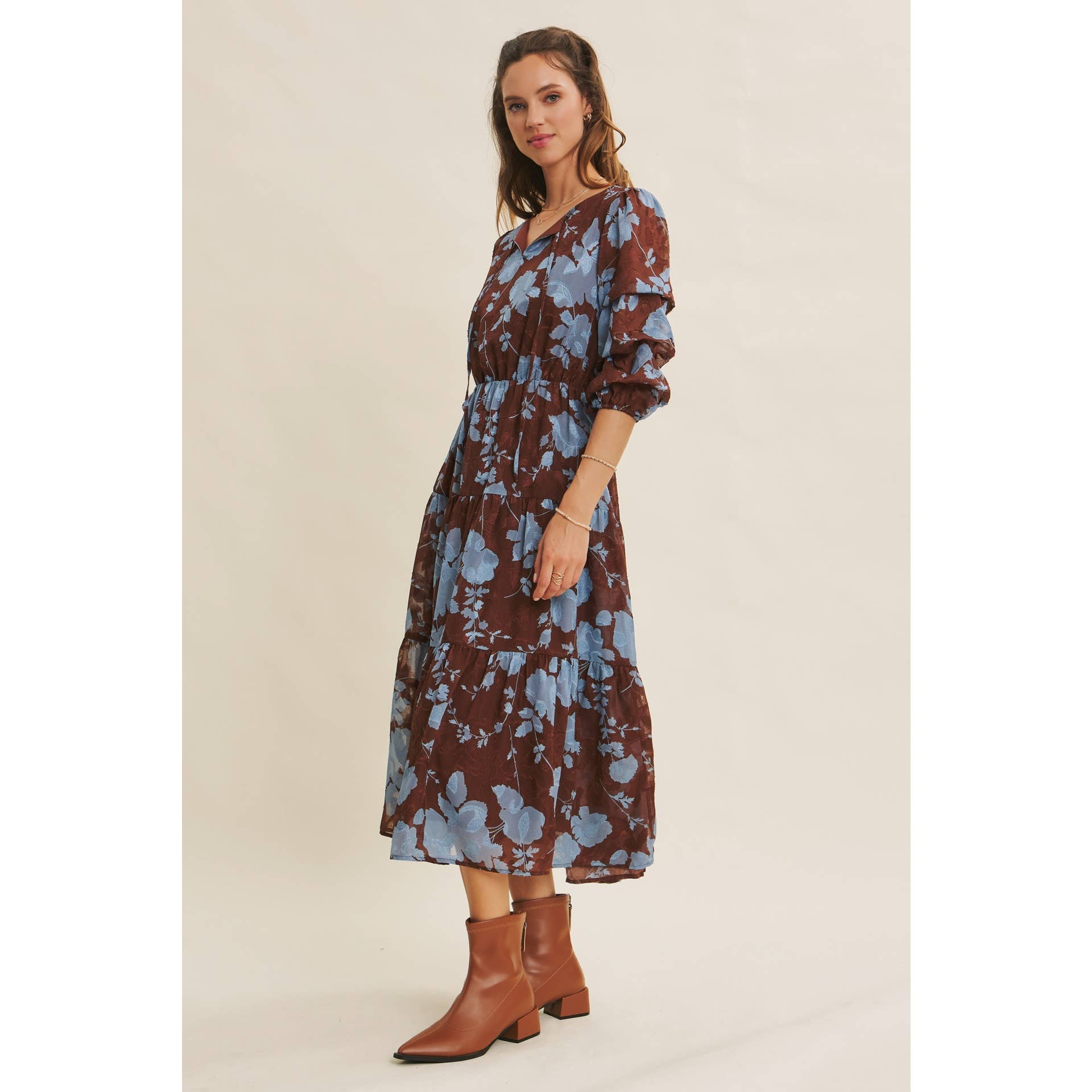 in february - Wholesale Dress - Women's - DREAMY JACQUARD FLORAL MIDI DRESS WITH STATEMENT SLEEVES21
