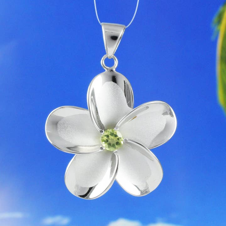 Hawaiian X-Large Genuine Peridot Plumeria Pendant, Sterling Silver Plumeria Pendant, Christmas Anniversary Birthday Mom Gift for wholesale by Paradise Treasures Jewelry