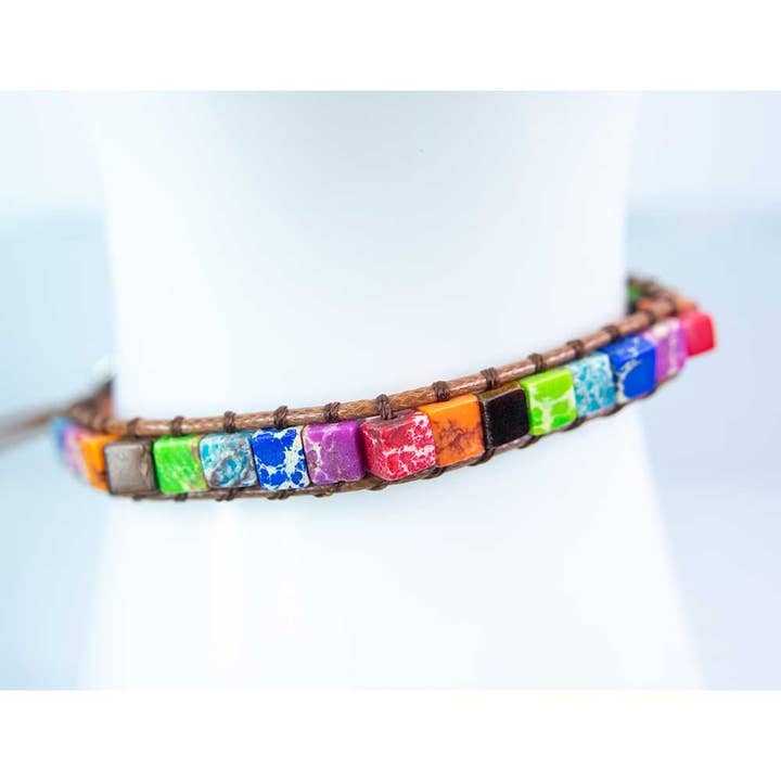 Kheops International - Wholesale Woven/Braided Bracelet - Adj Weave Bracelet Sq Beads Chakra Imperial Jasper,Tiger Eye