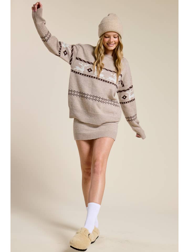 Mimosa - Wholesale Top & Skirt Set - Women's - Reindeer Jacquard Knit Sweater and Skirt Set8