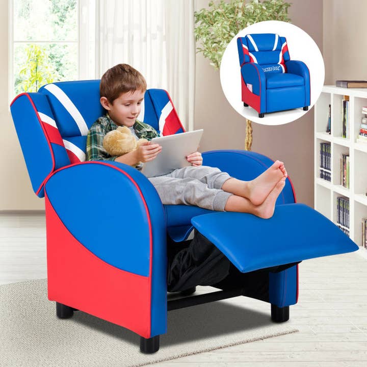 Blue Kids Leather Recliner Chair with Side Pockets for wholesale on Faire