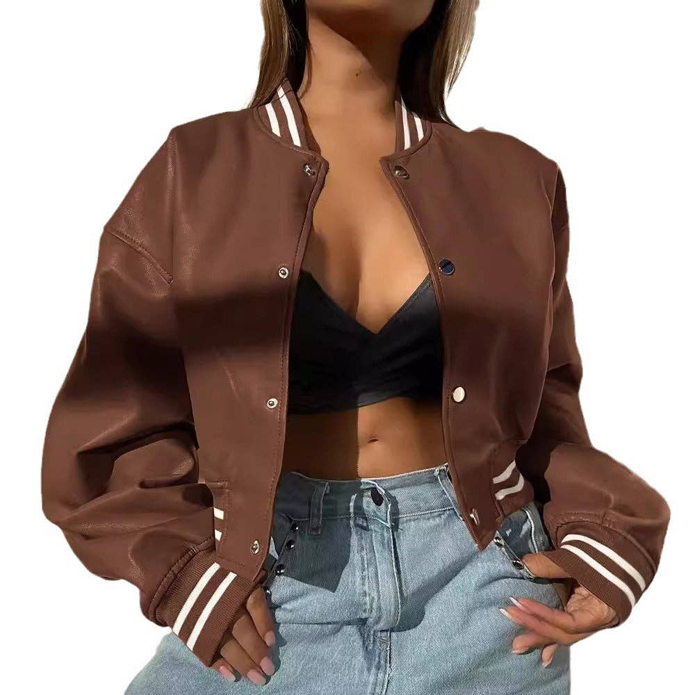 Sweetkama - Wholesale Varsity/Baseball Jacket - Women's -  Ladies Color Block PU Botton Open Jacket 35215