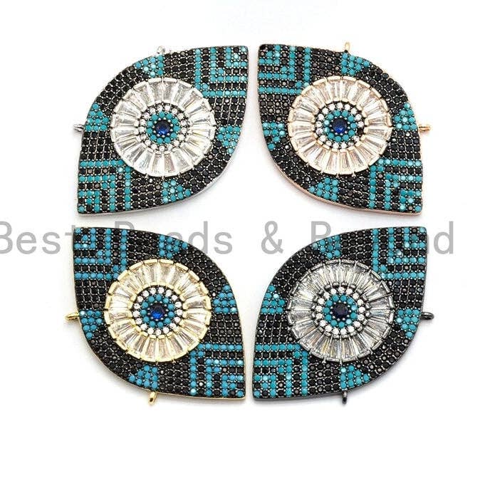 Turquoise Black CZ Micro Pave Geometric Evil Eye Pendant, Cubic Zirconia Pendant,32x28mm, sku#F705 for wholesale by BestBeads&Beyond