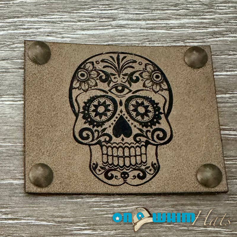On a Whim Hats - Wholesale Patch - Candy Skull Leather Iron-On Patch with Studs - Tan0