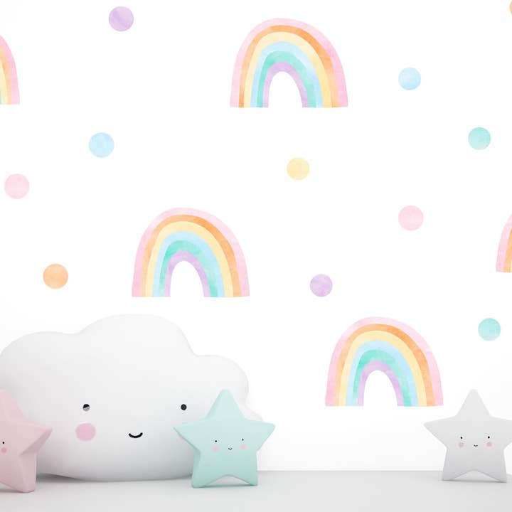 Decals Online – wholesale Wall decal/stickers – Hand Drawn Watercolour Rainbow and Polka Dot Wall Stickers, Rainbow Wall Decals, Rainbow and Spots Nursery Decor, Playroom Wall Art